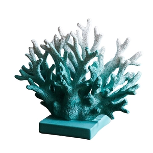 Teal and white gradient resin coral sculpture with square base for ocean home decor
