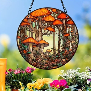 Ornement en acrylique motif forêt de champignons style vitrail suspendu dans un jardin