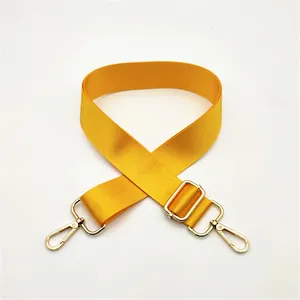 Close-up of bright yellow nylon woven strap with adjustable gold metal buckle hardware
