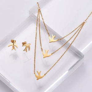 Multi-layer gold bird necklace and earrings set with three swallow pendants