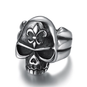 Skull Ring Stainless Steel Fleur De Lis Engraved Gothic Punk Vintage Heavy Metal Jewelry For Men Women