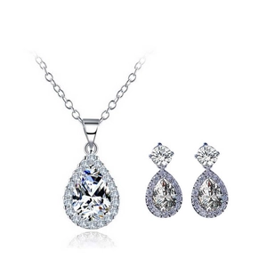 Sparkling silver necklace and earrings set with pear-cut cubic zirconia stones