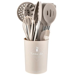 14-piece silicone cooking utensil set with stainless steel handles and storage bucket