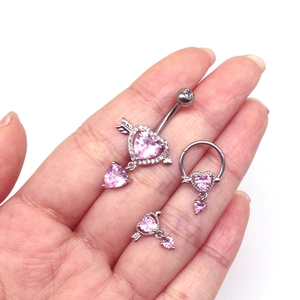 Pink heart stainless steel body piercing set with belly ring and hoop earrings