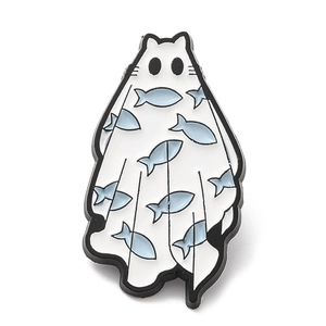 Cute white ghost cat enamel brooch with light blue fish patterns for women clothing