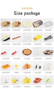 Detailed size chart for kids kitchen food playset with dimensions for toy sushi and pizza