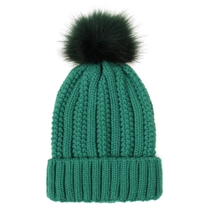 Detail of dark green ribbed knit beanie featuring a soft faux fur pompom on top