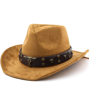 Chapeau De Cowboy Occidental Faux Daim Rétro Jazz Fedora Avec Boucle Métal Tête De Taureau Bande Cuir