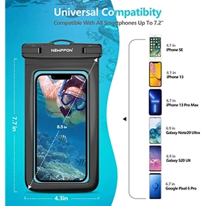 Universal waterproof phone pouch for up to 7.2 inch devices with neck strap and clear touch screen
