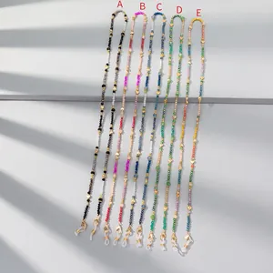 Colorful crystal beaded glasses chains in five styles with gold heart charms and lobster clasps