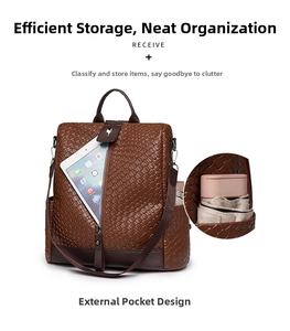 Detail view of woven brown PU leather backpack with side pocket and external zip compartment