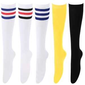 Detailed display of striped knee-high socks in various colors including white and yellow