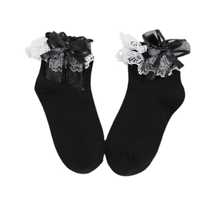 Lolita style black ankle socks with white lace trim and black bow decorative details