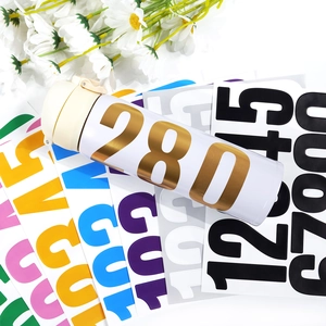 Detail of 3-inch white vinyl mailbox numbers applied to a stainless steel water bottle