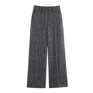 Deep grey tweed wide-leg trousers with high waist design and textured fabric
