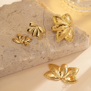 Elegant gold plated leaf stud earrings with vintage brushed metal texture for women