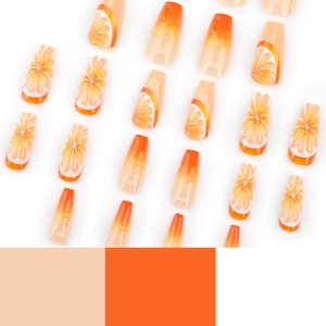 3D-Orangen-Frucht-Nägel zum Aufkleben mit Sommer-Zitrus-Farbverlauf und langer Sargform
