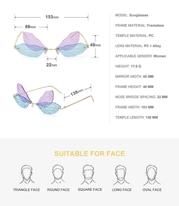 Detailed size chart for frameless dragonfly sunglasses with purple gradient lenses