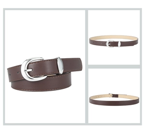Detail view of brown faux leather belt with a classic silver metal pin buckle on white
