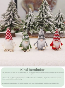 Detailed view of four colorful knitted gnomes with wooden skis for Christmas tree decoration
