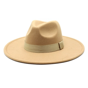 Detailed side view of khaki wool fedora hat with wide brim and matching grosgrain ribbon
