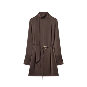 Robe Courte Élégante En Satin À Manches Longues Pour Femmes Couleur Unie Col Montant Coupe Slim Avec Ceinture Dorée