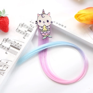 Detail of cartoon mermaid cat hair clip with colorful gradient synthetic hair extensions
