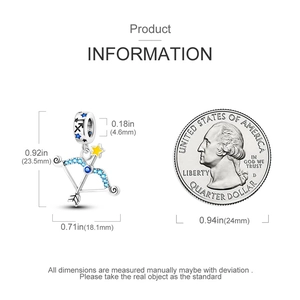 Silver Sagittarius charm size details with blue zircon and coin size reference