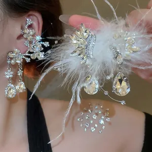 Flower Swan Feather Earring Cuff With 925 Sterling Silver Earring Post Exaggerated Rhinestone Tassel Luxury Party Jewelry