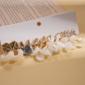 Elegant 10-piece earring set with faux pearls, rhinestones and geometric petal designs