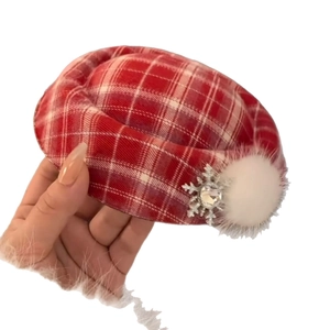 Red plaid fabric hat hair clip with snowflake rhinestone and white faux fur pompom decor