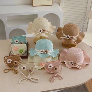 Kids summer straw hat and matching bag set with lace ribbons and handmade flowers