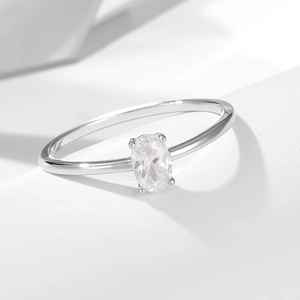 Minimalist sterling silver ring with oval clear zircon stone in a white geometric space