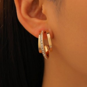 Vintage multi-layer C-shaped gold hoop earrings with sparkling pink and white zircons