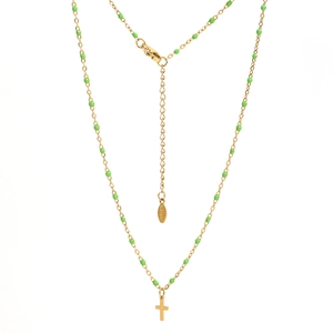 Detail of gold-plated stainless steel cross necklace with green beads and lobster clasp