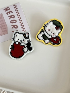 Cute cartoon white cat embroidered patches with apple and watermelon designs for clothing