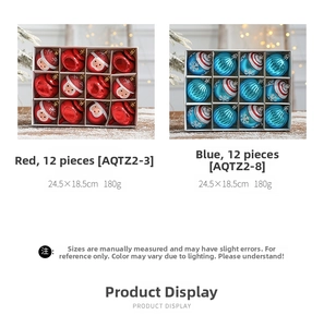 Set of 12 Christmas balls in red Santa Claus and blue snowflake patterns with dimensions