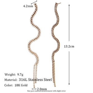 Chic 18K gold plated stainless steel S-curve long drop earrings with size measurements