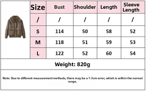 Size chart for jacket with bust and shoulder measurements in centimeters from S to L