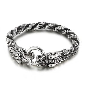Vintage Punk Dragon Tiger Head Bracelet For Men Stainless Steel Braided Genuine Leather Rope Retro Hip Hop Jewelry