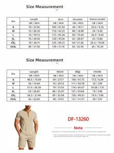Detailed size guide with top and shorts measurements for men's casual two-piece outfit
