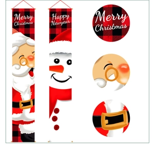 Detail view of Merry Christmas banners featuring Santa Claus and snowman patterns