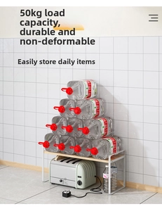 Kitchen storage rack showing 25kg weight capacity with heavy water bottles and a toaster