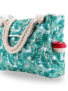 Canvas Beach Tote Bag With Cotton Rope Handles Side Pockets Small Pouch Printed Summer Vacation Travel Handbag Women