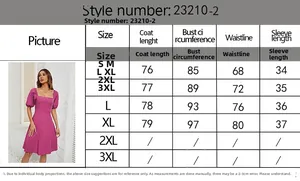 Detailed size chart for square neck puff sleeve dress with measurements in centimeters