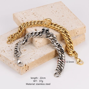 Minimalist punk style stainless steel skull cuban chain bracelet for men, 12.5mm wide