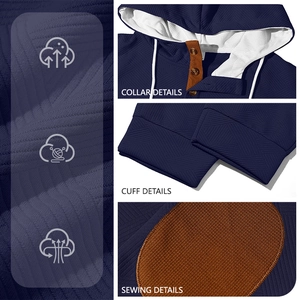 Men's navy blue waffle knit hoodie set featuring premium collar and cuff sewing details