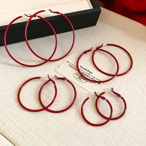 Simple Geometric Red Lacquer Iron Hoop Earrings For Women With 925 Sterling Silver Earring Post Minimalist Elegant Fashion Accessory