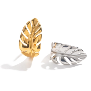 Polished stainless steel monstera leaf earrings in gold and silver finishes
