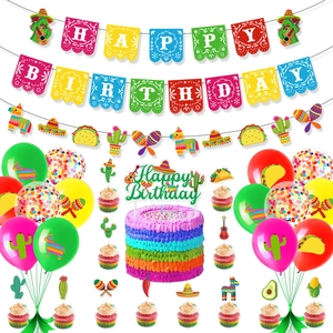 Mexican Fiesta birthday party set with colorful banners, cake toppers, and balloons